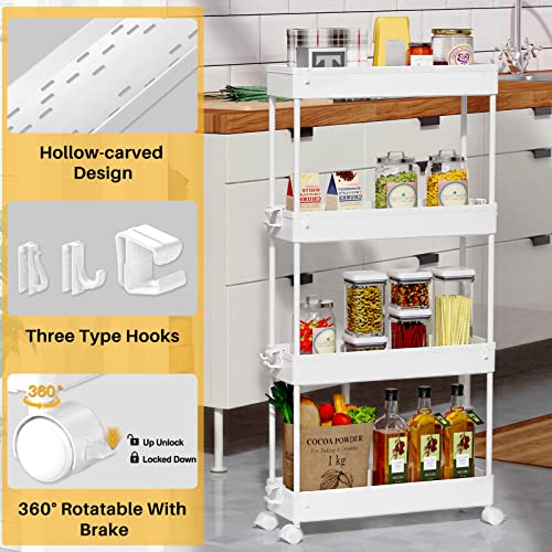 Spacekeeper Slim Rolling Storage Cart 4 Tier Bathroom Organizer Mobile Shelving Unit Storage Rolling Utility Cart Tower Rack For Kitchen Bathroom Laundry Narrow Places, White #TOP1