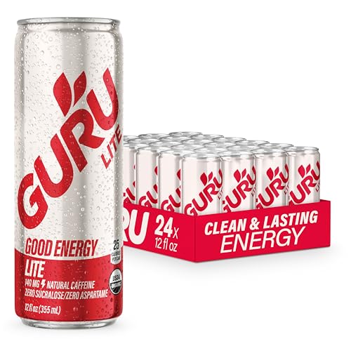 Image of GURU Energy Drink Lite, Organic Sparkling Energy Drink with Real Fruit Juice, 140 MG Natural Caffeine for Workouts, Performance & Midday Boost, Plant Based, Gluten Free, 12 Fl Oz, 24 Pack