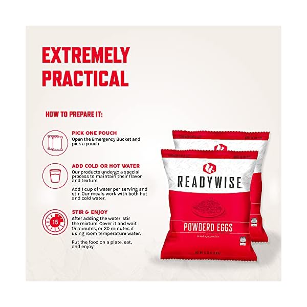 ReadyWise-Emergency-Food-Supply-Powdered-Egg-Bucket-144-Servings READYWISE - Powdered Eggs Bucket, 144 Servings, Emergency, MRE Food Supply, Premade, Freeze Dried Survival Food for Hiking, Adventure & Camping Essentials, Individually Packaged, 25 Year Shelf Life