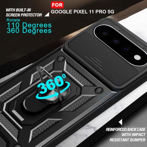 Image of AESTMO Tough Armor Google Pixel 11 Pro Bumper Back Case Cover | Ring Holder & Sliding Camera Shield Cover | 360 Degree Protection Back Case Cover for Google Pixel 11 Pro (Black)