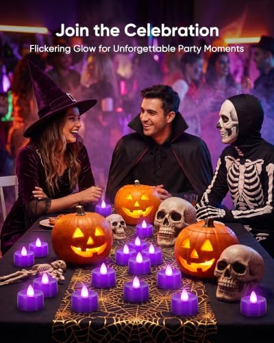 Image of Homemory 12-Pack Purple Remote Flameless Battery Tea Light Candles 400+ Hrs | 2 /4 /6 /8H Timer LED Flickering Tealight Votives for Party Ambience, Halloween Decor, Memorials and Lavender Weddings