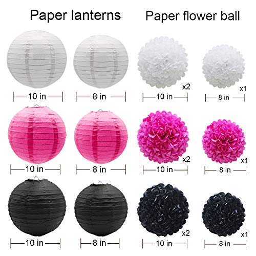Image of KAXIXI 15-Piece Pink and Black Party Decorations, Paper Pom Poms & Lanterns