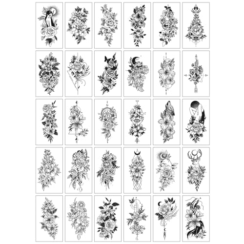 Anseom 30 Feuilles Tatouage Temporaire étanche Noires Temporaires Autocollants Tatouages Sexy Réaliste Fleur Tatouages Temporaires Faux Tatouages Fleur...