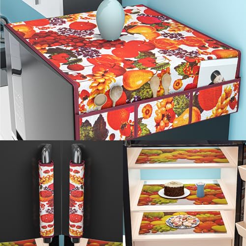 Image of Kuber Industries PVC Fridge Organizer Set, (Fridge Mat, 2 pcs Refrigerator Handle & 1 Refrigerator Top Cover) | Top & Handle Cover and Mat | Print - Fruit