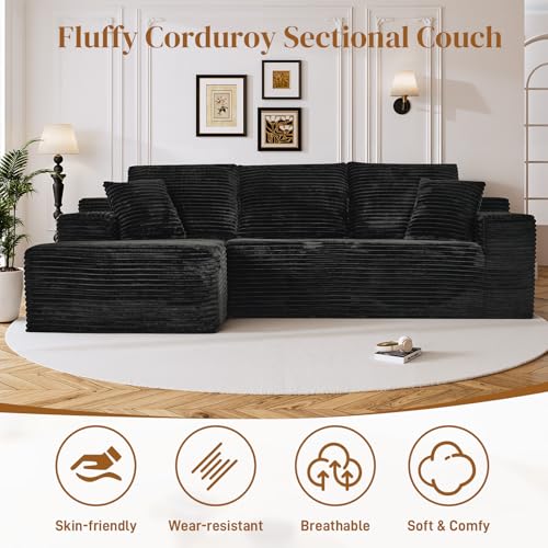 Image of 108 inch L Shaped Boneless Sectional Couches for Living Room, Wide Armrest, Deep Seat, Memory Foam, Assembly Free, Modern Comfy Corduroy Fluffy Cloud Sofa with Left Chaise, Black