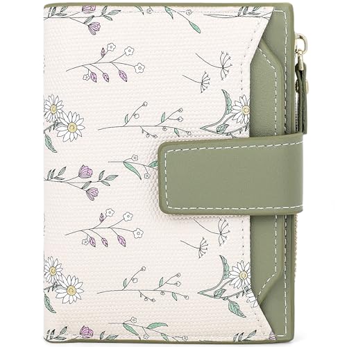 Cute Green Flower Wallet for Women Small Kawaii Coin Purse with ID Window Lightweight and Stylish Design Compact Cash Wallet for Ladies