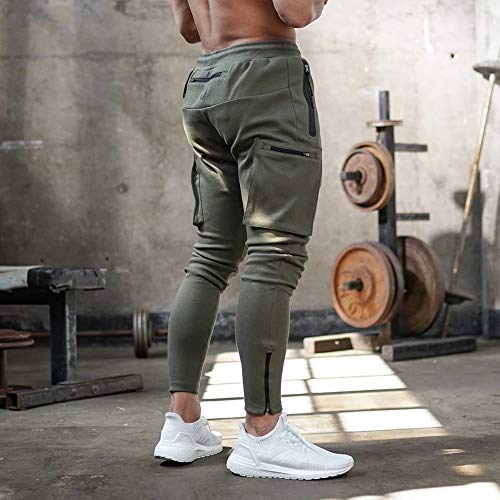 MECH-ENG Men's Active Tack Jogger Pants Fitness TapeArmy Green Sweatpants Slim Fit Trousers with Zipper Pockets(Army Green Small)