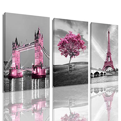Décoration murale Tour Eiffel rose et noir pour chambre fille | Trio de cadres chic 40x60cm