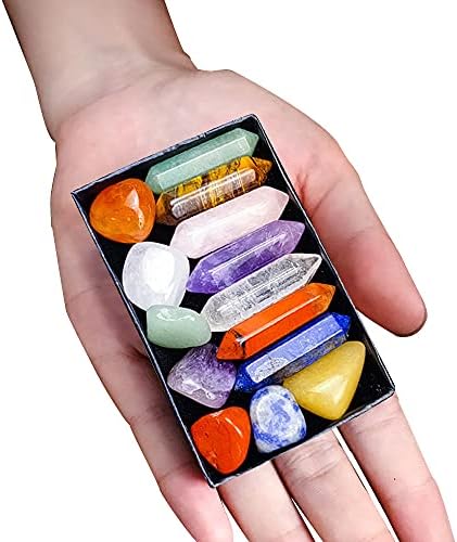 Premium Healing Crystals Kit in Gift Box 7 Chakra Set Tumbled Stones 7 Chakra Stone Set Meditation Stone Yoga Amulet Meditation Double Point Wand Polished Tumbled Stones Positive Energy Generator