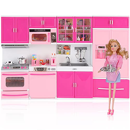Doll Kitchen Playset for Kids My Modern Mini Kitchen House Furniture Pretend Play Toy Accessories Set with Realistic Lights & Sounds for Toddlers Girls (4-in-1 w/Doll)