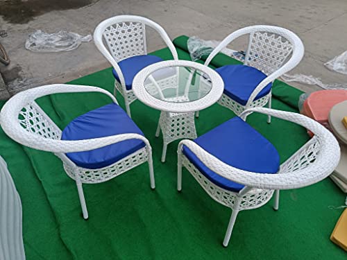 Image of Anaya Decor D-12 Chairs Table Set 4+1 Wicker Patio Furniture Sets 4 Chair and 1 Table with Cushions for Garden Balcony Bedroom Powder Coated Frame Uv Protected Wicker (White+Blue)