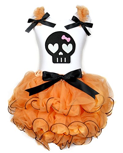 Vestido negro y blanco de calavera con falda de pétalos naranja para niñas