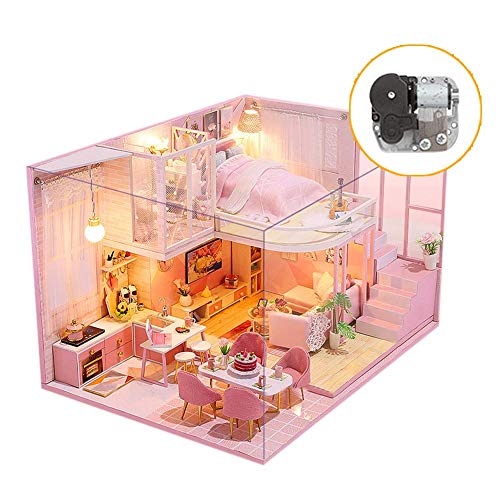 DIY Musik Puppenhaus Kit Mit Staubdicht Und Led Lichter Miniatur Rosa Loft Puppen Haus Möbel Puzzle Modell Hand Handwerk… – Bild 3