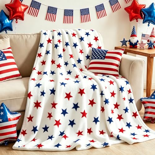 JarThenaAMCS Patriotic Fuzzy Blanket Red Blue Star Throw Blanket 4th of July Soft Cozy Flannel Blankets for 250th Anniversary Home Bed Sofa Couch Chair, 50 x 60 Inch