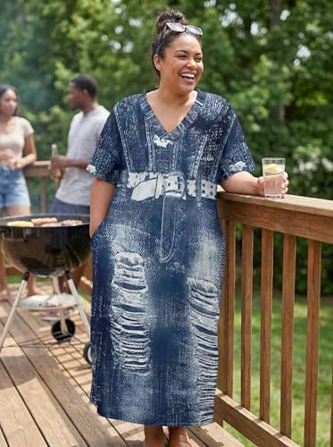 Image of SUZONANA Plus Size Denim Print Maxi Dresses for Women Casual V Neck Short Sleeve with Pockets Soft Jean Look Dress XL-6XL
