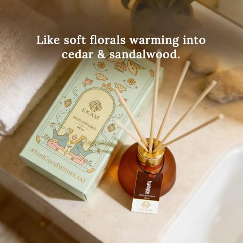 Image of EKAM Mahogany Reed Diffuser Set 60ml | Frosted Glass Bottle with 6 Natural Reed Sticks | Aromatherapy & Stress Relief | Long-Lasting(Up to 30 Days), Smoke-Free Air Freshener for Home, Bedroom & Office