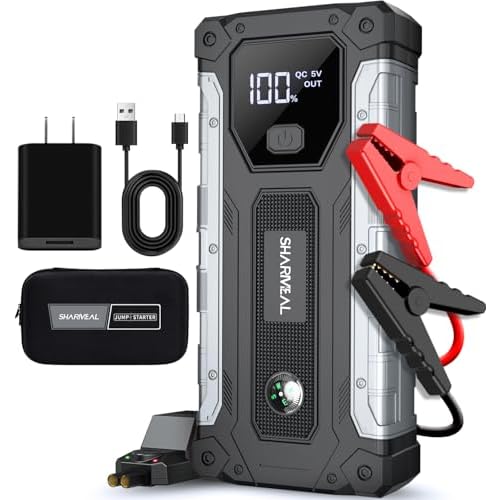 Sharmeal Car Battery Jump Starter 6000A, Jump Starter Battery Pack for All Gas and 10.0L Diesel, 12V Portable Jump Box with LED Light 6000A+Charging Cable+Charger Block
