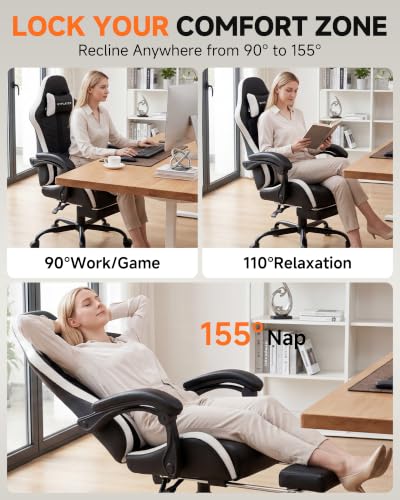 Image of GTPLAYER Gaming Chair for Adults, Computer Chair with Footrest, Pearl White | Ergonomic Video Game Chair with 90-155 Recline, Removable Headrest & Lumbar Support, All-Day Comfort for Home & Office