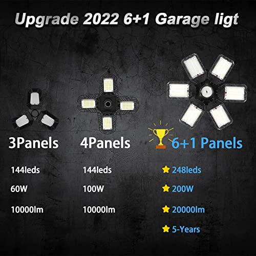 2 Pack Led Garage Light, 200W Led Shop Light, E26/E27 Garage Lights Super Bright Deformable Led Garage Ceiling Light With 6+1 Adjustable Panels Garage Lighting, Bay Light, Attic Light, Basement Light #TOP4