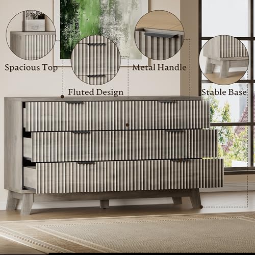Image of BORNOON 53 inch Long Dresser for Bedroom, 6-Drawer Dresser with Fluted Fronts, Wide Wood Chest of Drawers, Smooth Metal Slides, Stable Base, Modern Clothes Storage Cabinet for Living Room, Hallway