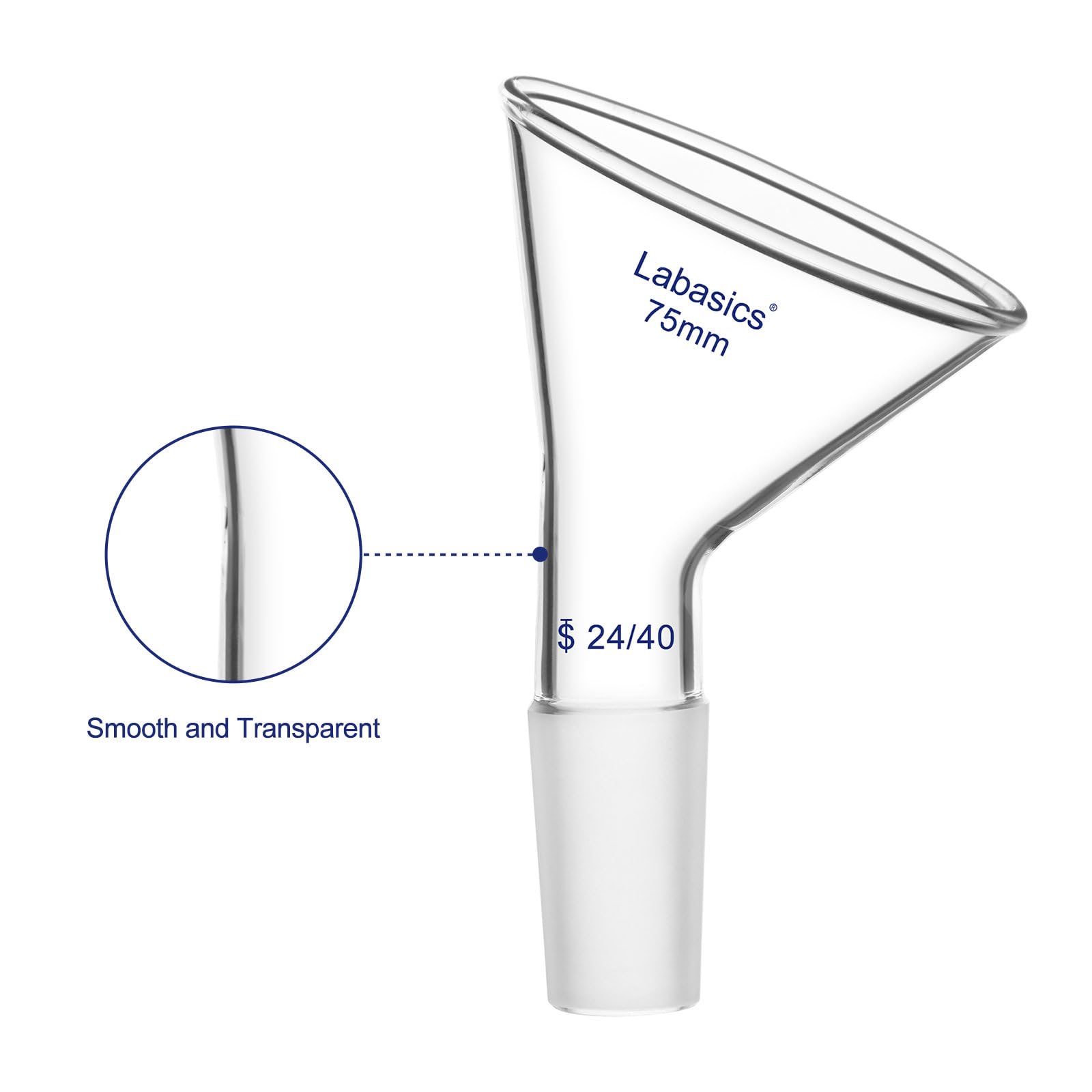 Labasics Schräger Glaspulvertrichter, Kurzer Stiel, Oberer Durchmesser mit 24/40-Innenanschluss, Chemikalienbeständiger Filtertrichter für den Laboreinsatz, 75 mm