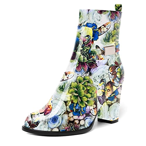 AMBELIGHT Womens Patent Zip Dress Boots Casual Round Toe Chunky High Heel Ankle High Boots 3.3 Inch