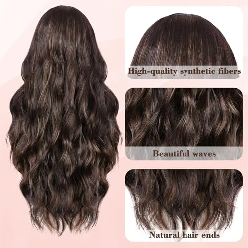 NAYOO Long Dark Brown Mixed Chestnut Wavy Wig for Women 26 Inch Middle Part Lace Hairline Curly Wavy Wig Natural Looking Synthetic Heat Resistant Fiber Wig for Daily Party Use