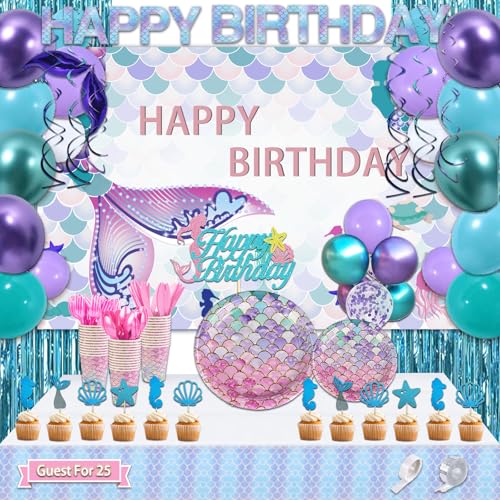 UJoyant 299 Pcs Mermaid Birthday Decorations, Mermaid Party Decorations Kit - Disposable Dinnerware...
