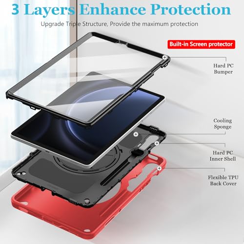 Image of Case for Galaxy Tab S10 FE &S9 FE 10.9 inch /S9 11 Inch: TPU Cover for Samsung Tablet S10 FE / 2025 / S9 FE & S9 2023 5G with Screen Protector- Stand- Handle-Shoulder Strap-S-Pen Holder-Red
