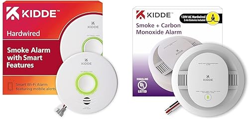 Kidde Detector de humo inteligente, WiFi, dispositivo compatible con Alexa y detector de humo y monóxido de carbono cableado, batería de reserva AA,