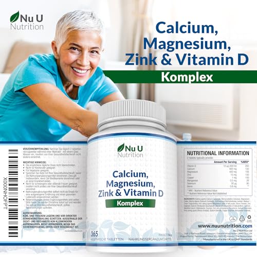 Calcium Magnesium Zink Hochdosiert - 365 Vegetarische Tabletten - 6 Monate - Kalzium Complex mit Vitamin D, Selen, Mangan, Bor & Kupfer - 800mg Calciumcarbonat pro Tagesdosis - Nu U Nutrition