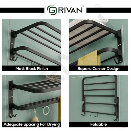 Image of GRIVAN Modern Stainless Steel Bathroom Towel Hanger for Wall | Folding 24-inch Towel Rack Cloth Stand with Hooks | Bathroom Fitting Accessories (Black Matte Finish)