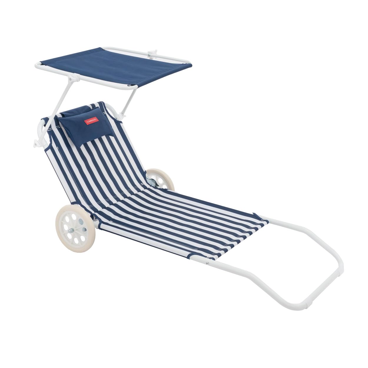 Flamingueo Chaise de Plage - Transat Pliable - 5 Positions - Parasol Réglable UPF 50+ - Oreiller Ergonomique - Convertible en Chariot de Transport - Bleu