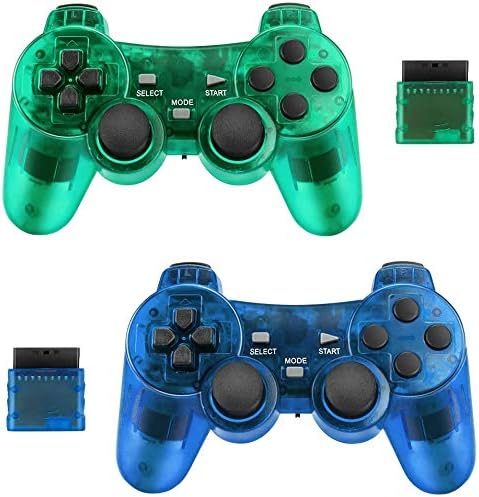 BicycleStore 2 Pack Controller for PS2 Playstation 2.4G Gamepad Joystick Remote with Shock Vibration (ClearBlue and ClearGreen)