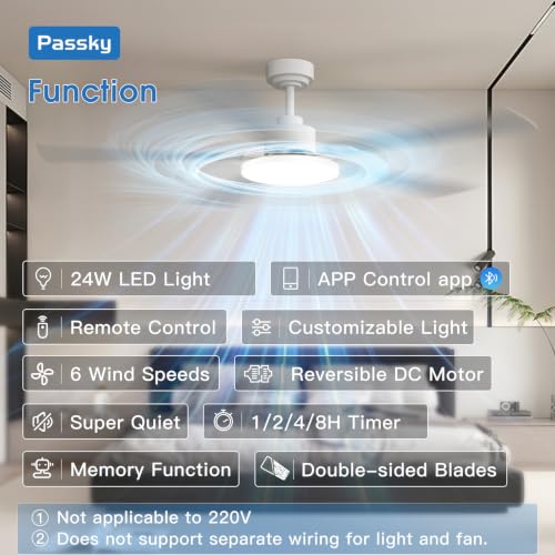 Image of Passky 60 Inch White Sleek Ceiling Fans with Lights, Remote Control | 3-color dimmable light, quiet reversible DC motor, easy install, memory, Timer, APP, bedroom, covered outdoor areas