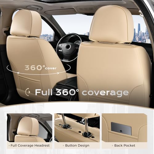 Image of Coverado Car Seat Covers, Front Seat Covers with Lumbar Support, Beige Leather Seat Cover for Cars, Waterproof Car Seat Protector, Automotive Seat Cover Car Seat Cushion Universal Fit for Most Cars