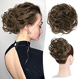 RUWISS Large Messy Bun Hair Piece 100% Human Hair Layered Wavy Curly Hair Buns Hair Piece for Women Thick Updo Hairpiece for Daily Wear Real Hair Scrunchies Ponytail Extension (Brown Mixed)