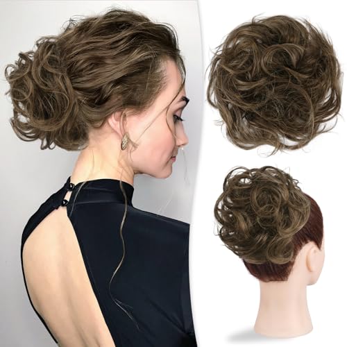 RUWISS Large Messy Bun Hair Piece 100% Human Hair Layered Wavy Curly Hair Buns Hair Piece for Women Thick Updo Hairpiece for Daily Wear Real Hair Scrunchies Ponytail Extension (Brown Mixed)