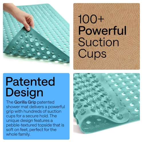 Image of GORILLA GRIP Patented Square Shower Stall Mat, Small Bathtub Floor Mats for Stand Up Showers, Suction Cups and Drain Holes, Machine Wash, Soft on Feet, Bathroom Accessories 21x21 Inch Turquoise Opaque