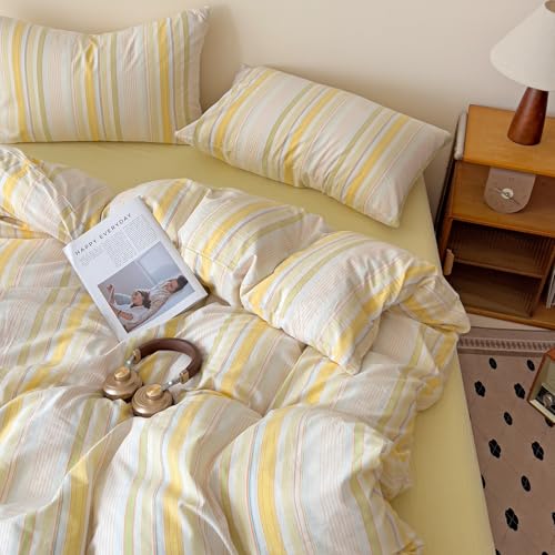 Image of VM VOUGEMARKET 3 Pieces Striped Duvet Cover Set King 100% Washed Cotton Linen Like Textured Breathable Durable Soft Comfy Bedding Set (Yellow Stripes, King 104 inchx90 inch)