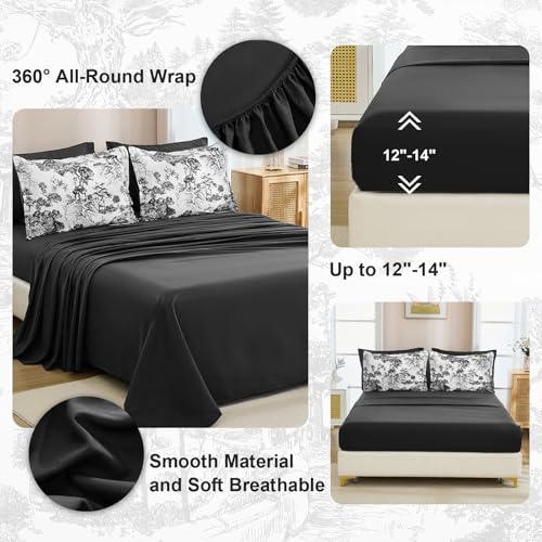 Image of DJY Black Comforter Set Queen, 7 Pieces Black and White Botanical Comforters Queen Size Elegant Plants Print with Sheets Bed in a Bag Soft Microfiber Reversible Complete Bedding Sets for All Season