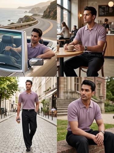 Image of Leriya Fashion Polo T Shirt for Men | Textured Polo T Shirts for Men | Smart Casual Half Sleeve T-Shirt for Mens, Breathable Cotton Knit Collar T Shirts