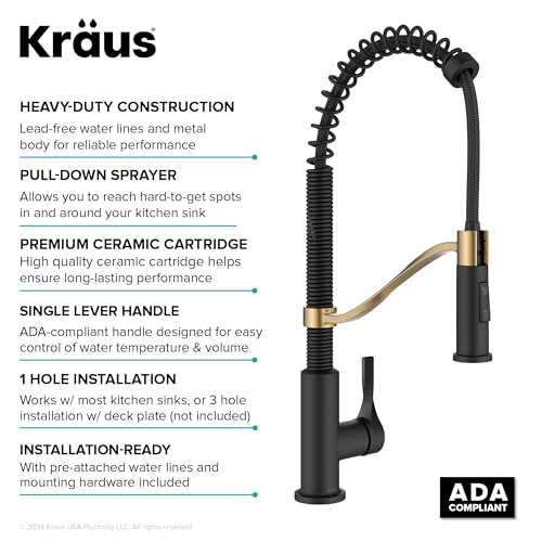 KRAUS Torak Pull Down Kitchen Faucet in Spot-Free Brushed Brass/Matte Black with Commercial Style Spring Spout, 2 Function Sprayer, Pre-Attached Water Lines, and Mounting Hardware, KPF-2635SFBBMB - image 7
