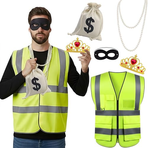 Disfraces de ladrón, Disfraz de ladrón de bancos, accesorios de disfraz para ladrones, Joyas corona collar ladrón mascara clásico ladrón abrigo pequeña bolsa de tela, para Carnaval Halloween Cosplay