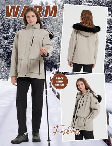 CMTOP Chaqueta Esqui Mujer Chaqueta Cálida de Invierno para Mujer al Aire Libre Abrigo Impermeable a Prueba de Viento Chaqueta de Esquí para Acampar con Capucha Desmontable - imagen 4