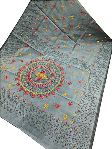 Image of SHRISTI CLOTHINGS Women's Hand Embroidered Cotton Silk Kantha Stitch Saree with Blouse Piece (SB4200924 GREYD47)