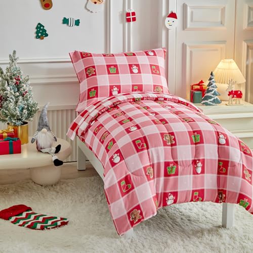 Image of Christmas Toddler Bedding Set for Boys Girls Red White Plaid Colorful Holiday 4PC Toddler Bed Set - Cute Toddler White Bed in a Bag with Snowman Socks GIF Box