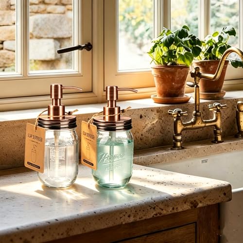 Image of Amolliar Mason Jar Liquid Soap Dispenser Lid, Copper 1 Pack, 16oz Soap Pump