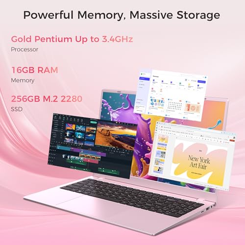 Image of 15.6 inch Pink Laptop, Laptop with 16GB RAM 256GB SSD, Gold 6500Y(Beat Pentium, Up to 3.4GHz), 1080P FHD IPS Display, Bluetooth, WIFI, HDMI, USB-C, USB3.2, 38WH Battery, Laptop Computer for Students