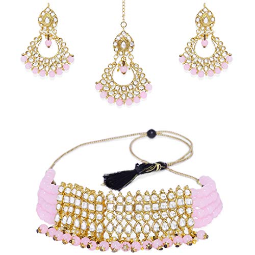 ACCESSHER bridal collection Gold toned Kundan and pink beads choker jewellery set with Earrings and maang tika for women and girls set of 1